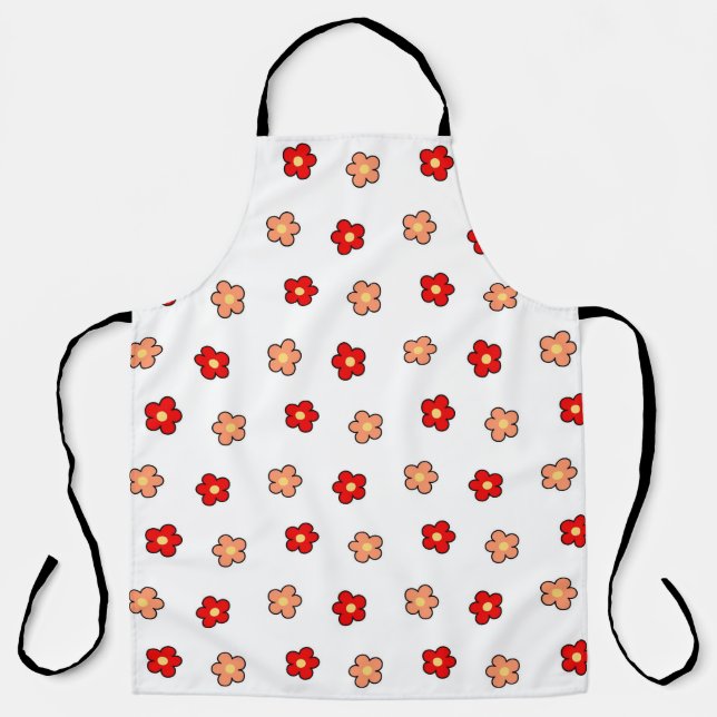 Preppy Pink Red Flower Pattern White Background Apron (Front)