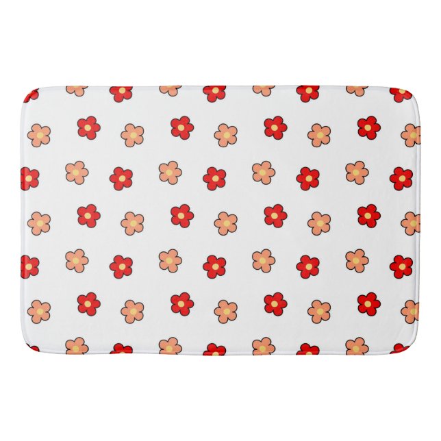 Preppy Pink Red Flower Pattern White Background Bath Mat (Front)