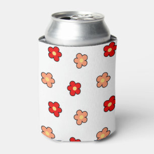 Preppy Pink Red Flower Pattern White Background Can Cooler