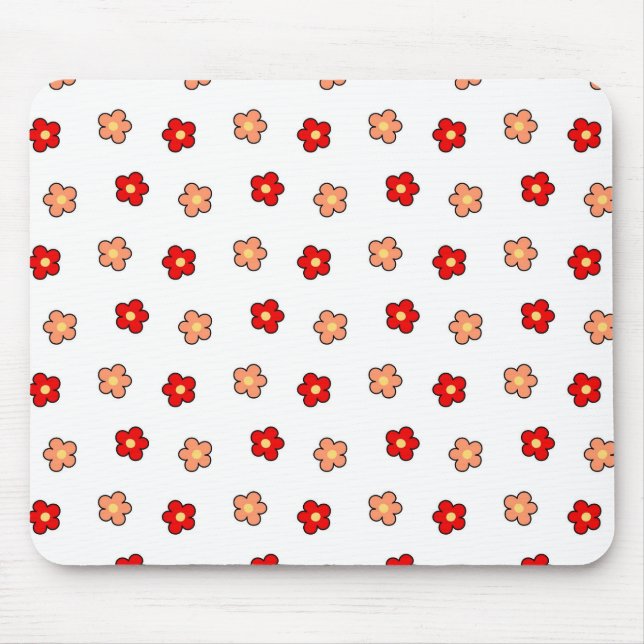 Preppy Pink Red Flower Pattern White Background Mouse Pad (Front)