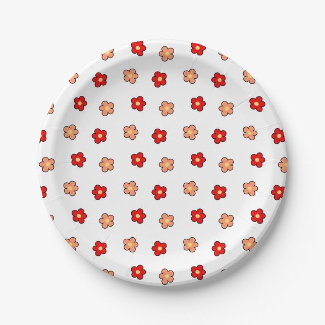 Preppy Pink Red Flower Pattern White Background Paper Plate (Front)