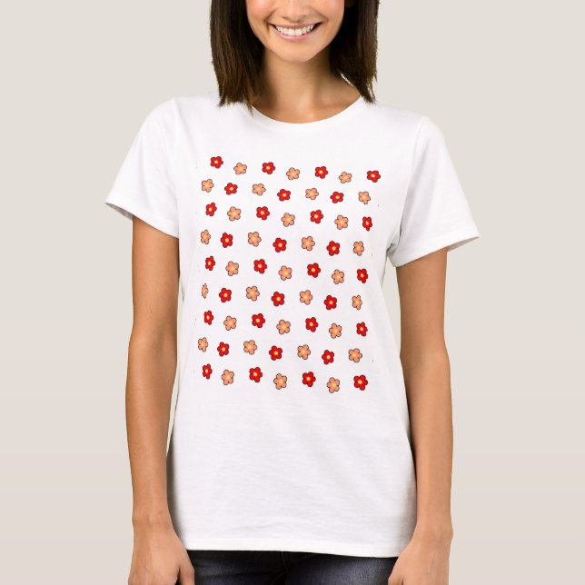 Preppy Pink Red Flower Pattern White Background T-Shirt (Front)