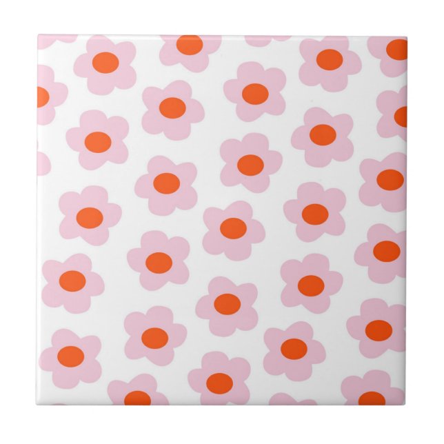 Preppy Pink Red Hippie Flower Pattern Tile (Front)
