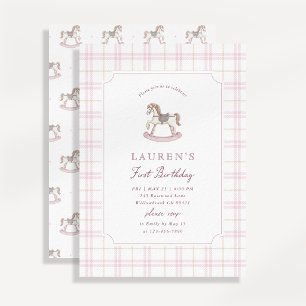 Preppy Pink Rocking Horse First Birthday  Invitation