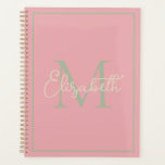 Preppy Pink Sage Green and Cream Monogram Planner<br><div class="desc">This simple and modern calendar planner features a preppy monogram in soft shades of sage green and cream on pink that you can personalize with your choice of name and initial.</div>