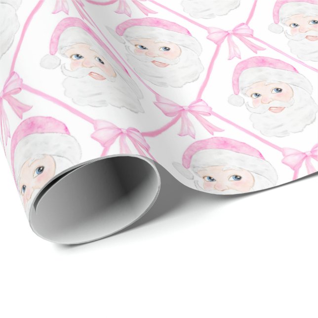 Preppy Pink Santa bows Christmas grandmillennial  Wrapping Paper (Roll Corner)