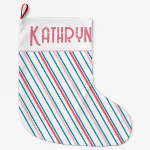 Preppy Pink Stripe Girls Large Christmas Stocking