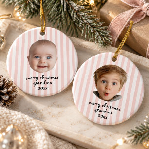Preppy Pink Stripe Merry Christmas Grandma Photo Ceramic Ornament