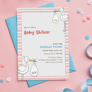 Preppy Pink Stripe Stork Girl Baby Shower Invitation