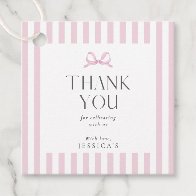 Preppy Pink Striped Bow Baby Shower Favour Tag (Front)
