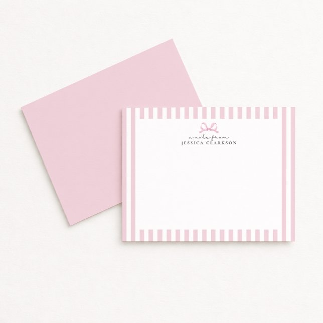 Preppy Pink Striped Bow Personalized Note Cards (Creator Uploaded)