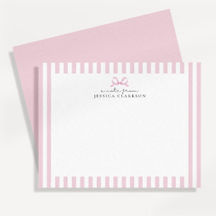 Preppy Pink Striped Bow Personalized Note Cards