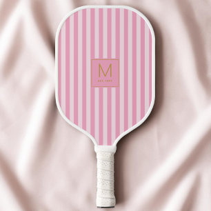 Preppy Pink Striped Modern Gold Initial Monogram Pickleball Paddle