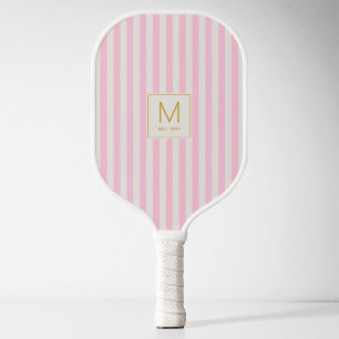 Preppy Pink Stripes Simple Gold Initial Monogram Pickleball Paddle