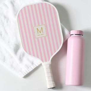 Preppy Pink Stripes Simple Gold Initial Monogram Pickleball Paddle