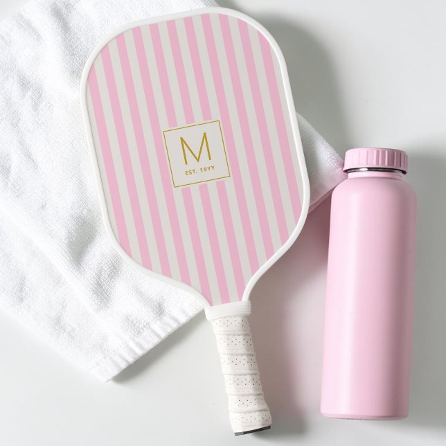 Preppy Pink Stripes Simple Gold Initial Monogram Pickleball Paddle (Preppy Pink Stripes Simple Gold Initial Monogram Pickleball Paddle)