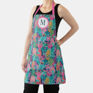 Preppy Pink Teal Navy Blue Pineapple Monogram Apron