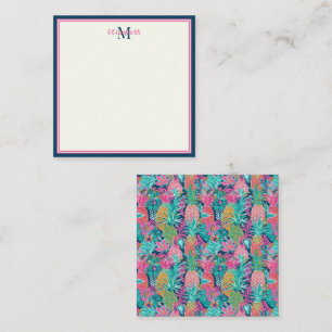 Preppy Pink Teal Navy Blue Pineapple Monogram Card