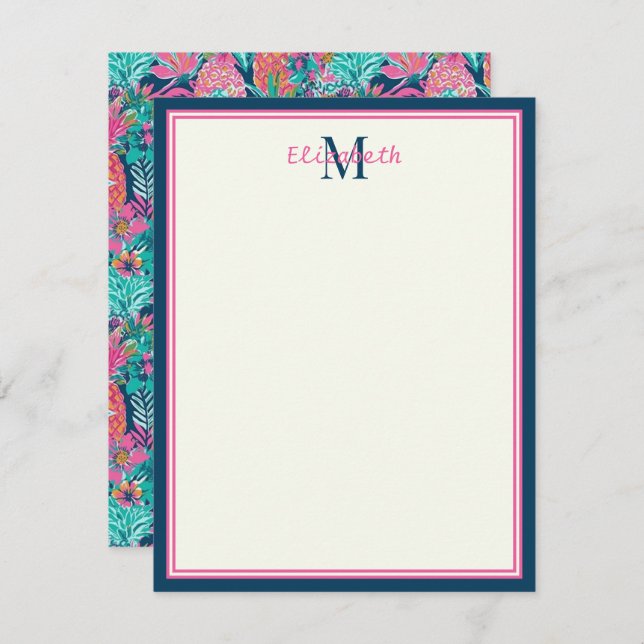 Preppy Pink Teal Navy Blue Pineapple Monogram Card (Front/Back)