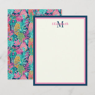 Preppy Pink Teal Navy Blue Pineapple Monogram Card