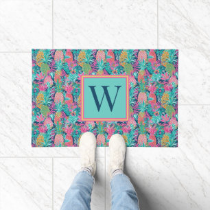 Preppy Pink Teal Navy Blue Pineapple Monogram Doormat