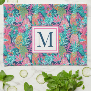 Preppy Pink Teal Navy Blue Pineapple Monogram Kitchen Towel