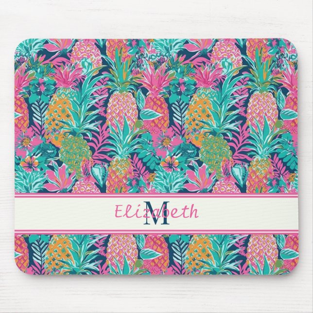 Preppy Pink Teal Navy Blue Pineapple Monogram Mouse Pad (Front)