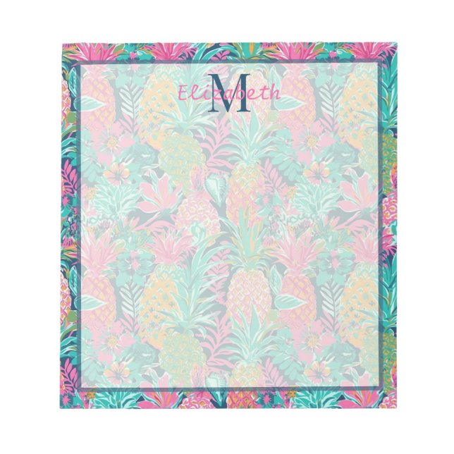 Preppy Pink Teal Navy Blue Pineapple Monogram Notepad (Front)