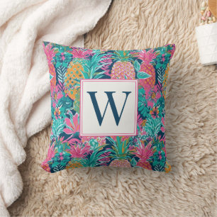 Preppy Pink Teal Navy Blue Pineapple Monogram Throw Pillow