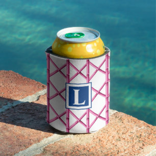 Preppy Pink Trellis Bamboo Pattern Monogram Can Cooler