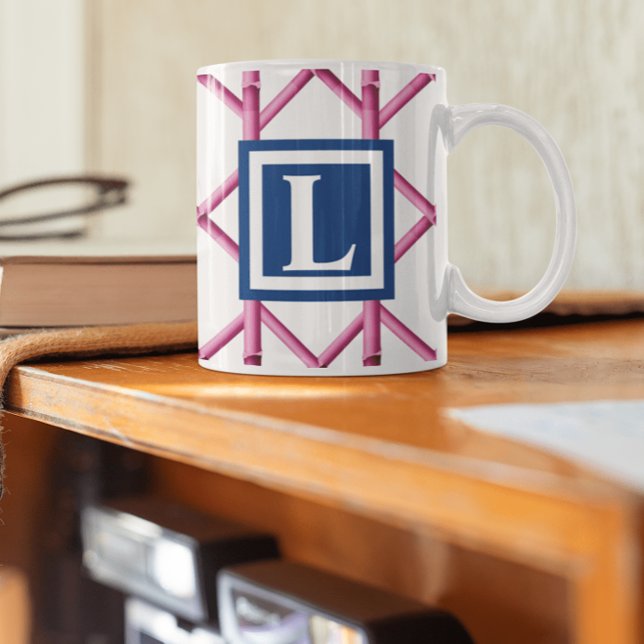 Preppy Pink Trellis Bamboo Pattern Monogram Coffee Mug (Creator Uploaded)