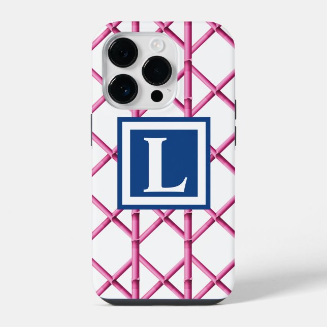 Preppy Pink Trellis Bamboo Pattern Monogram iPhone Case (Back)