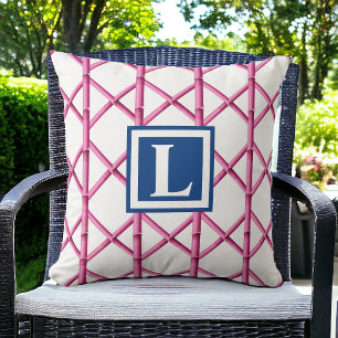 Preppy Pink Trellis Bamboo Pattern Monogram Throw Pillow