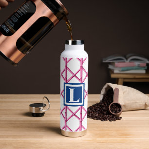 Preppy Pink Trellis Bamboo Pattern Navy Monogram Water Bottle