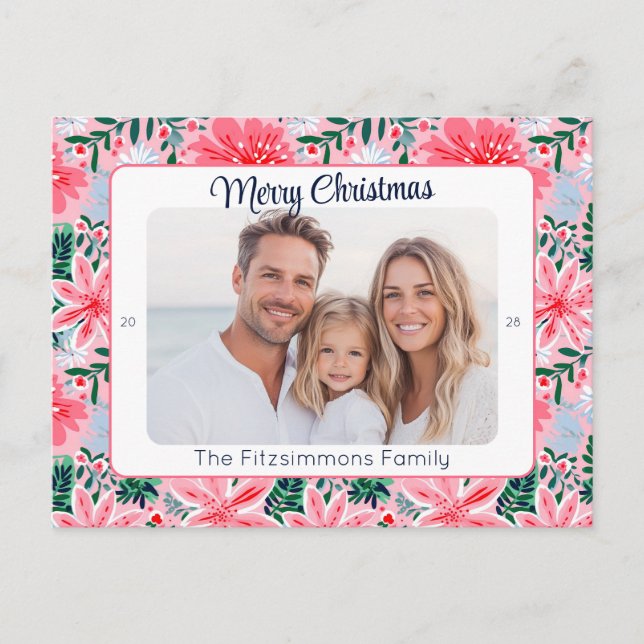 Preppy Pink Tropical Christmas Photo Holiday Postcard (Front)