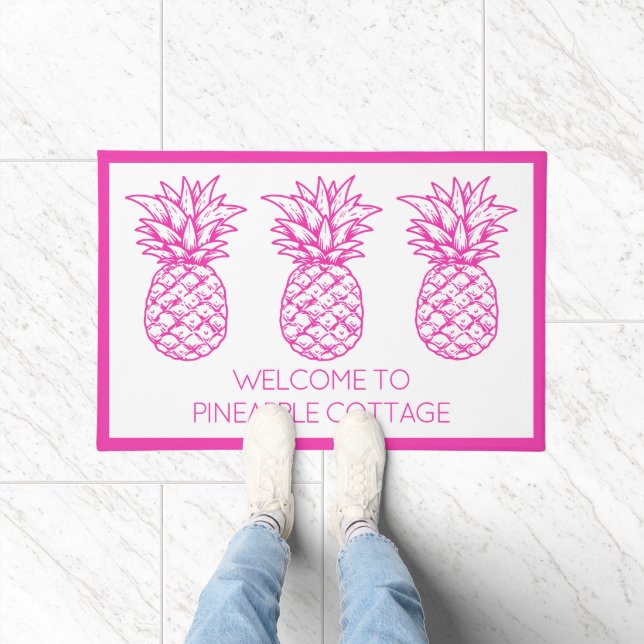 Preppy Pink Tropical Pineapple Personalized Doormat (Indoor)