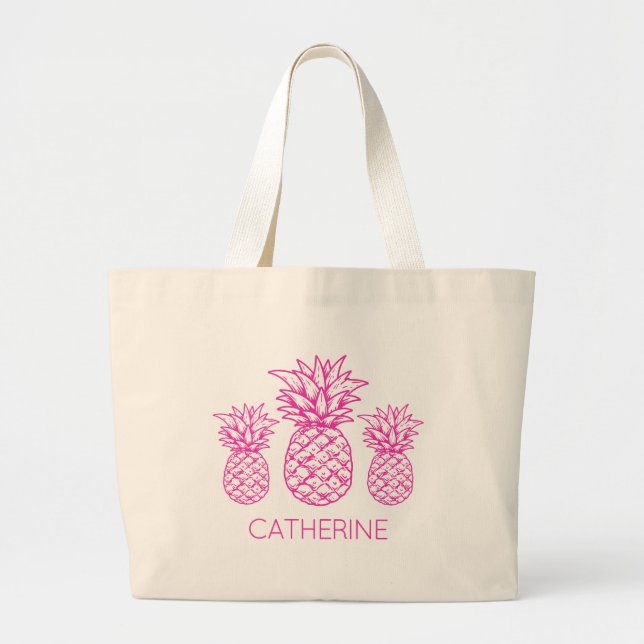 Preppy Pink Tropical Pineapple Personalized Large Tote Bag (Front)