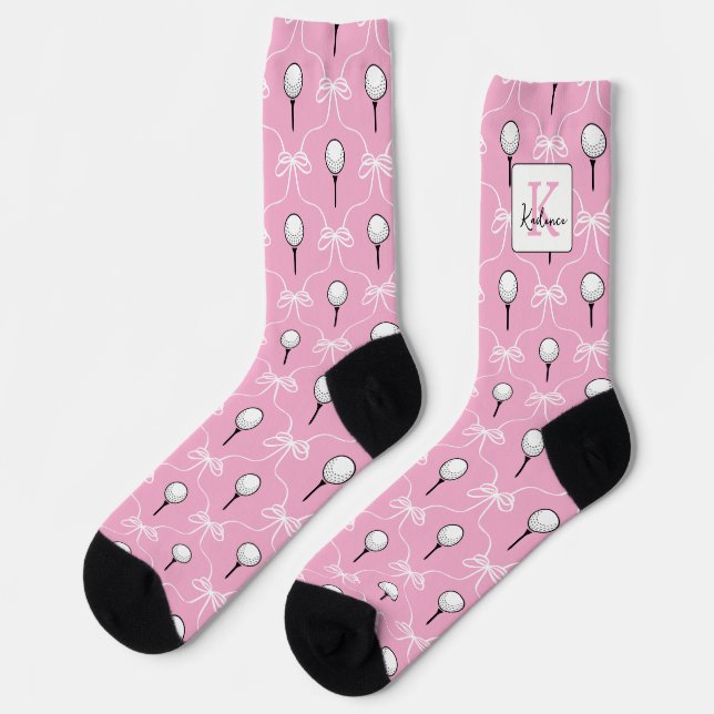 Preppy Pink White Bow Golf Pattern Monogram  Socks (Left)