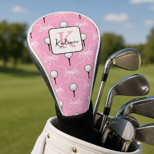 Preppy Pink White Bow Pattern Monogram  Golf Head Cover