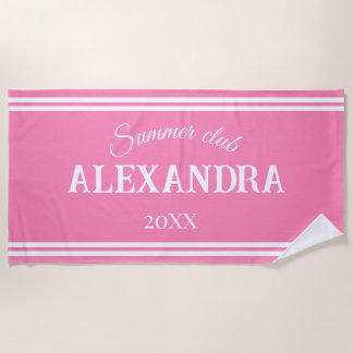 Preppy Pink White Stripe Personalized Name Beach Towel