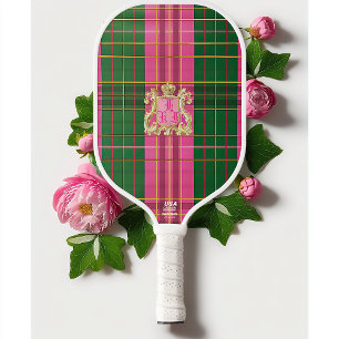 Preppy Plaid Pink and Green Monogrammed  Pickleball Paddle
