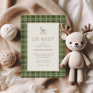 Preppy Plaid Rocking Horse Baby Shower Invitation