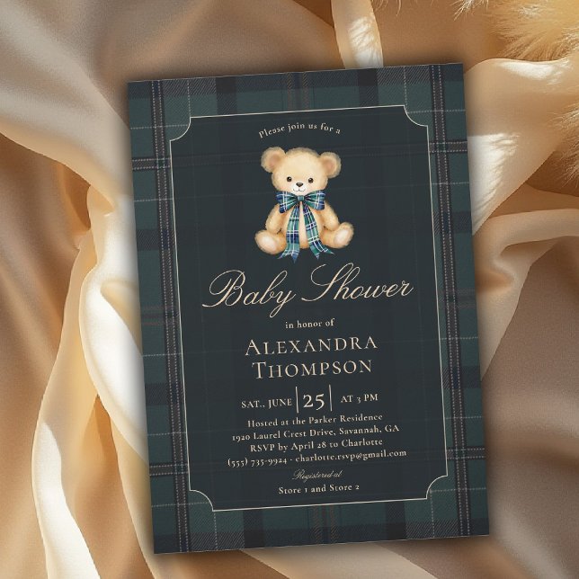 Preppy Plaid Tartan Teddy Bear Bow Boy Baby Shower Invitation (preppy baby shower invitation teddy bear tartan plaid bow elegant country club modern classic chic)