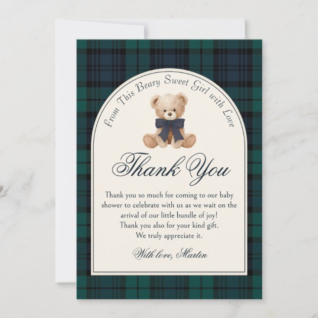 Preppy Plaid Teddy Bear Birthday Thank You Card (Front)