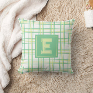 Preppy Plaid Varsity Monogram Green Lime Throw Pillow