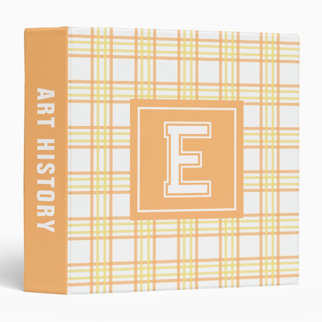 Preppy Plaid Varsity Monogram Orange Yellow School Binder (Front/Spine)
