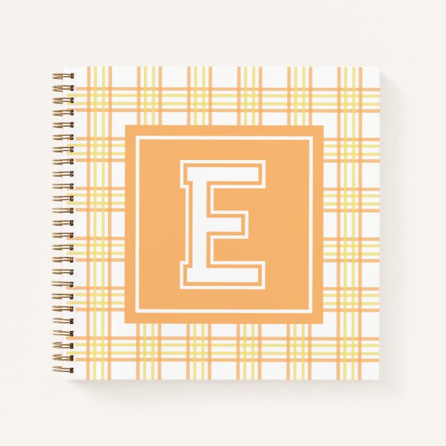 Preppy Plaid Varsity Monogram Orange Yellow Square Notebook (Front)