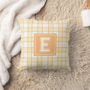 Preppy Plaid Varsity Monogram Orange Yellow  Throw Pillow