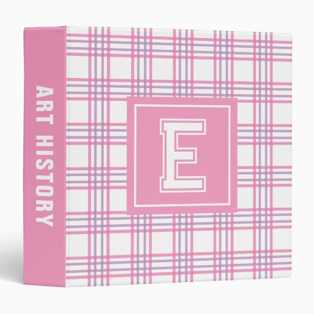 Preppy Plaid Varsity Monogram Pink Purple School Binder (Front/Spine)