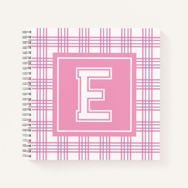 Preppy Plaid Varsity Monogram Pink Purple Square Notebook (Front)